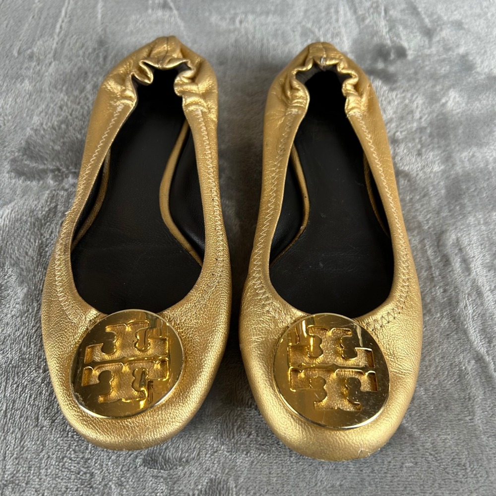 Tory Burch Reva Ballet Flats Metallic Gold Leather Logo Medallion Scrunch Size 6